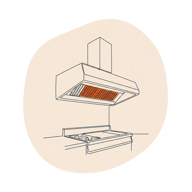 Hotte d'extraction en inox au-dessus d'un piano, filtres à chocs mis en évidence
