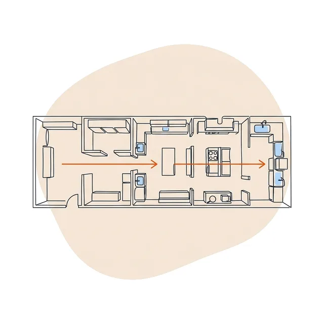 Plan de cuisine professionnelle traversé par un circuit à sens unique