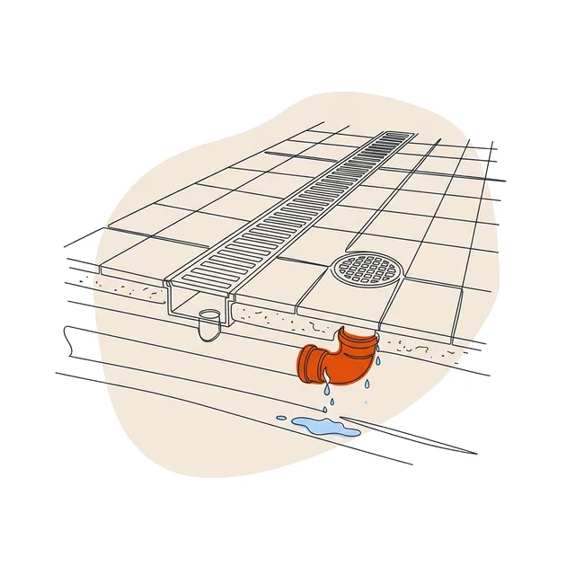Sol carrelé et siphon, raccord enterré qui fuit